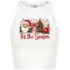 Biely dámsky cropped top s motívom Santu, stromčeka a nápisom ’Tis the Season