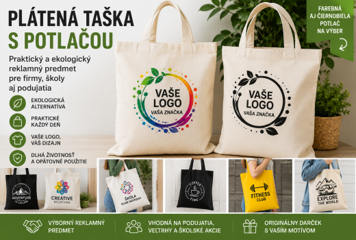 Plátená taška s potlačou: praktický reklamný predmet pre firmy, školy aj podujatia