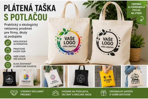 Plátená taška s potlačou: praktický reklamný predmet pre firmy, školy aj podujatia
