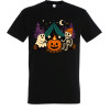 Rodina v čiernych halloweenskych tričkách s rôznymi motívmi