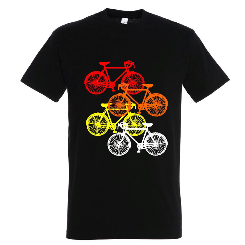 Čierne cyklistické tričko s farebnou potlačou štyroch bicyklov